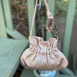 Furla Blush With Hint Of Ping Soft Leather Shoulder Hobo Ruched Shoulder Bag